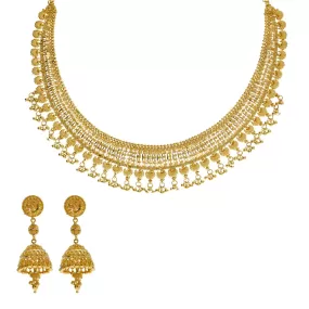 22K Yellow Gold Necklace & Jhumki Earrings Set W/ Egyptian Collar & Seashell Accents