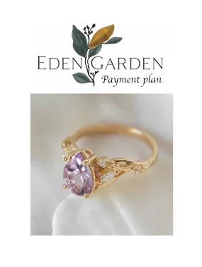 3 instalments payment plan: Lavender amethyst nature themed engagement ring, big pear cut gemstone gold ring with diamonds / Patricia