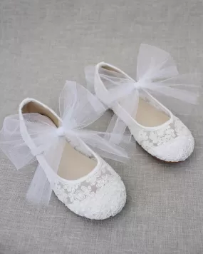 Crochet Lace Mary Jane Flats with Tulle Bow