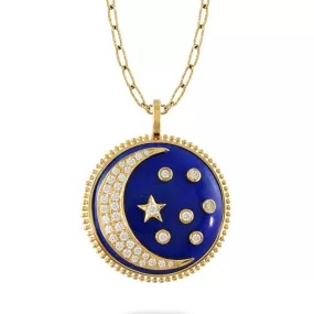 Doves Celestial Lapis & Diamond Moon Stars Pendant Necklace in 18K Yellow Gold