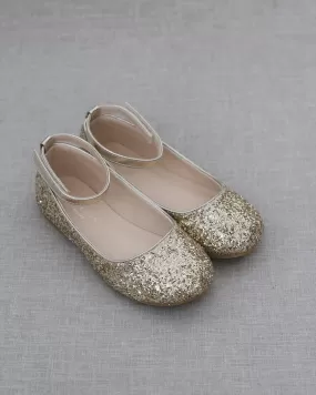 Gold Rock Glitter Ballet Flats with Velcro Ankle Strap