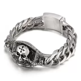 Heavy Large Stainless Steel Gothic Skull Biker Men Bracelet, Color Silver Black