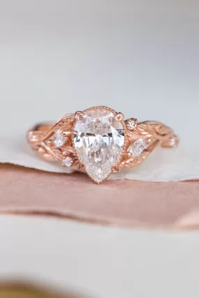 Vines and leaves engagement ring with lab-created diamond, rose gold engagement ring / Patricia