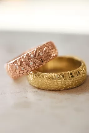 Wedding bands set for couple, textured rings with olive branch